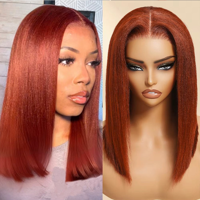 Klaiyi 7x5 Reddish Brown Yaki Straight Bob Wig Put On and Go Glueless Wig with Bleached Knots Flash Sale