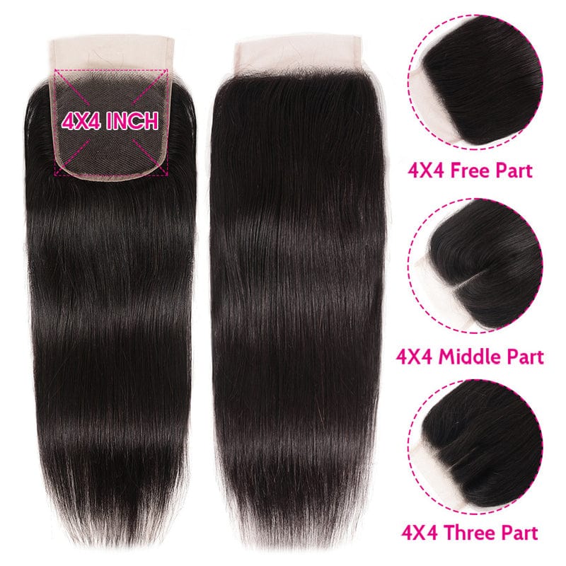 Klaiyi Bone Straight Virgin Hair 3 Bundles with 4x4 Transparent Lace Closure Pre Plucked