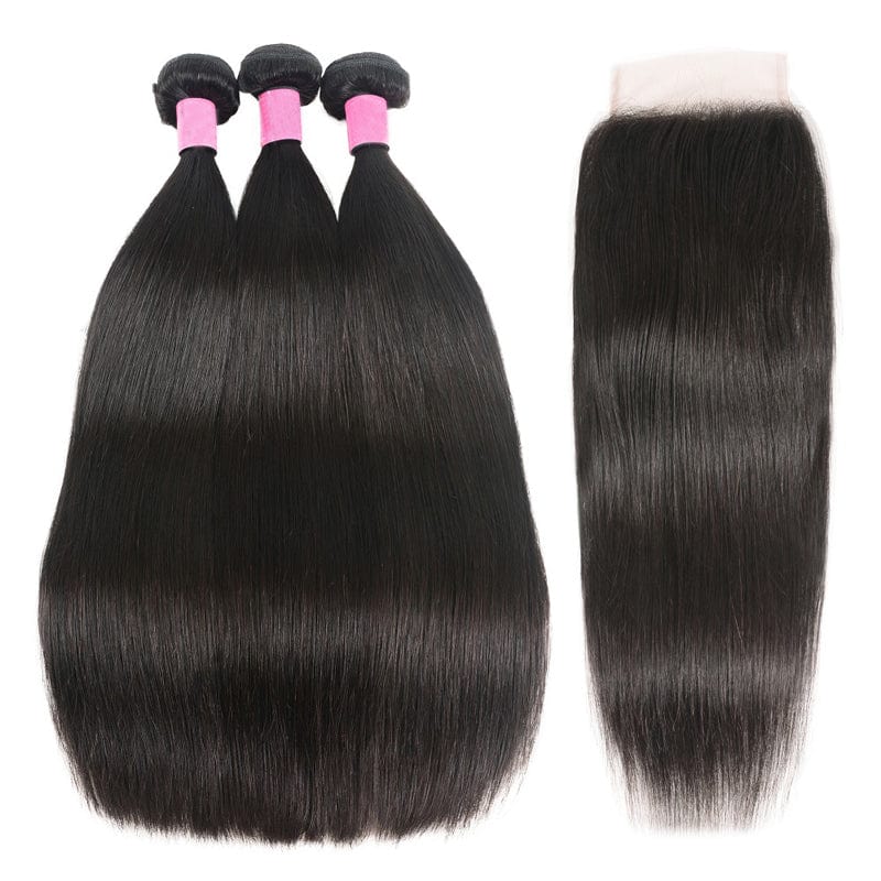 Klaiyi Bone Straight Virgin Hair 3 Bundles with 4x4 Transparent Lace Closure Pre Plucked