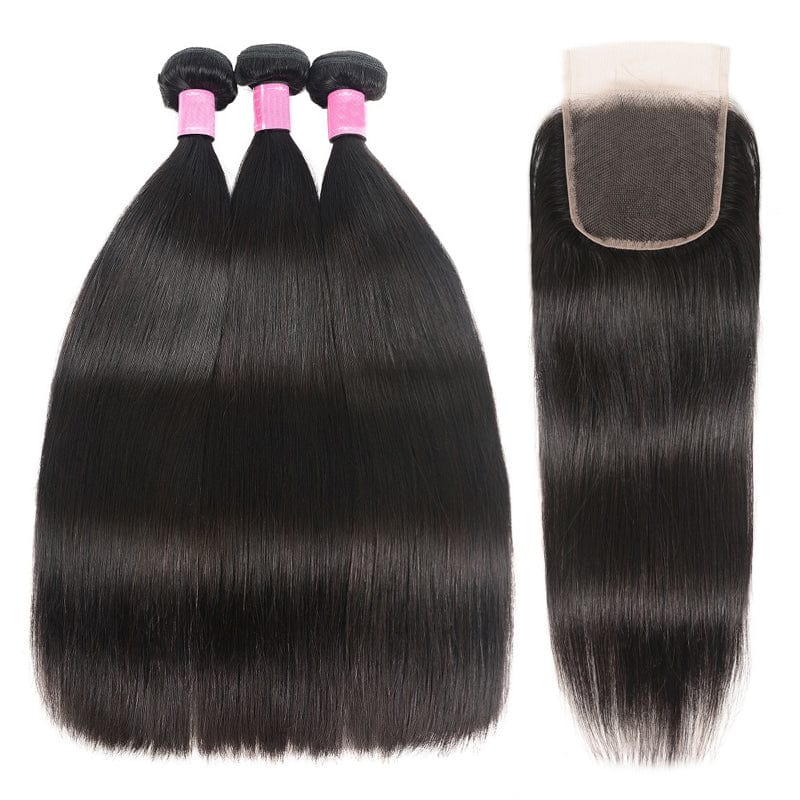 Klaiyi Bone Straight Virgin Hair 3 Bundles with 4x4 Transparent Lace Closure Pre Plucked