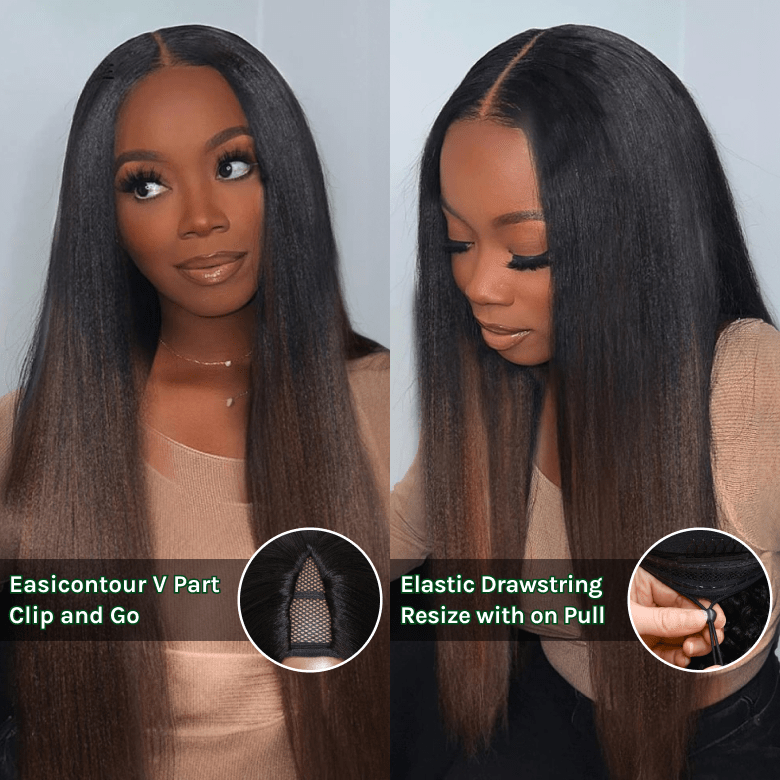 Klaiyi Yaki Straight EasiContour V Part Wigs Human Hair Ombre Chestnut Brown Color Clip in No Sew in No Glue Upgrade U Part Human Hair Wig