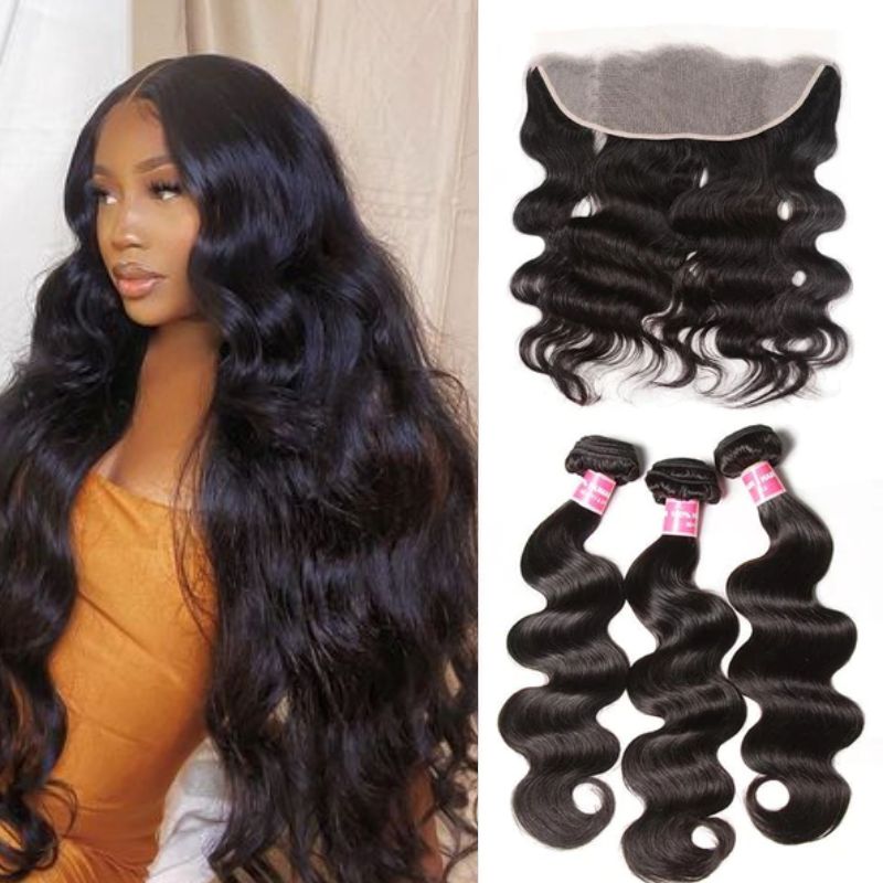 Klaiyi Hair Virgin Hair Body Wave 3 Bundles With 13×4 Lace Frontal Ear To Ear