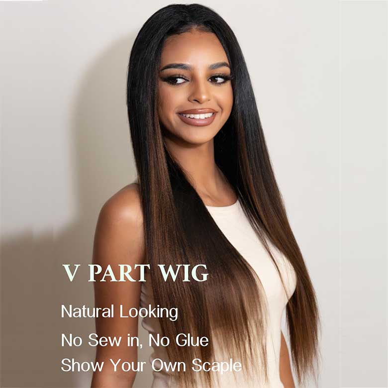 $100 OFF | Code:SAVE100 Klaiyi Ombre Chestnut Brown Color Yaki Straight EasiContour V Part Wigs Human Hair Clip in No Sew in No Glue Wig