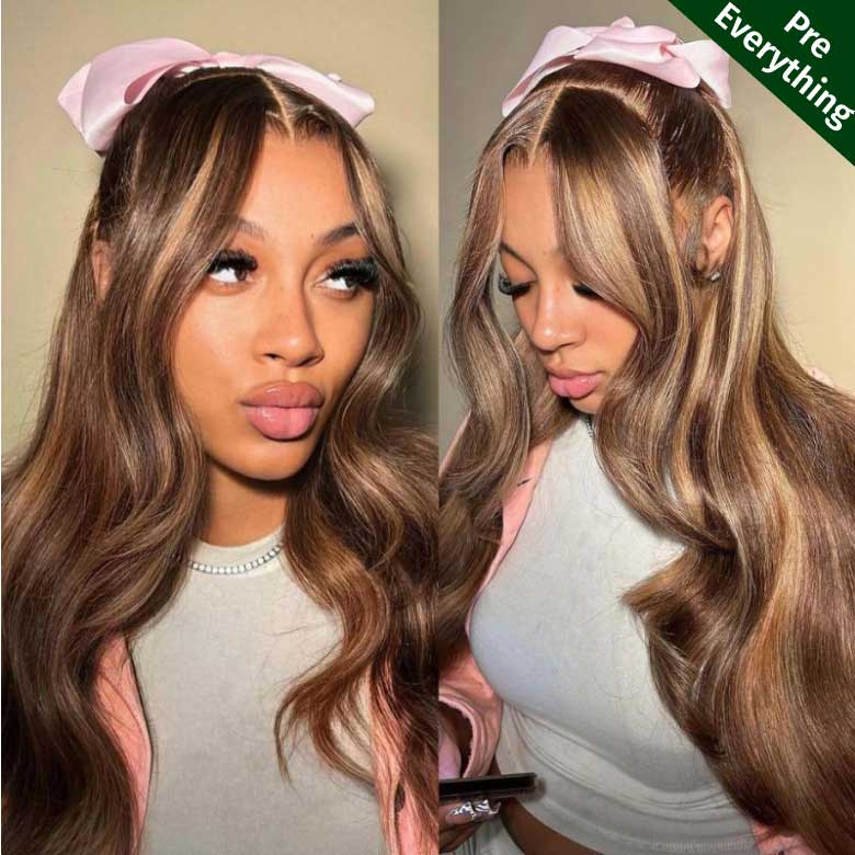 Klaiyi Pre-Cut Glueless Wig Put On and Go Highlight Blonde Body Wave Wig Human Hair