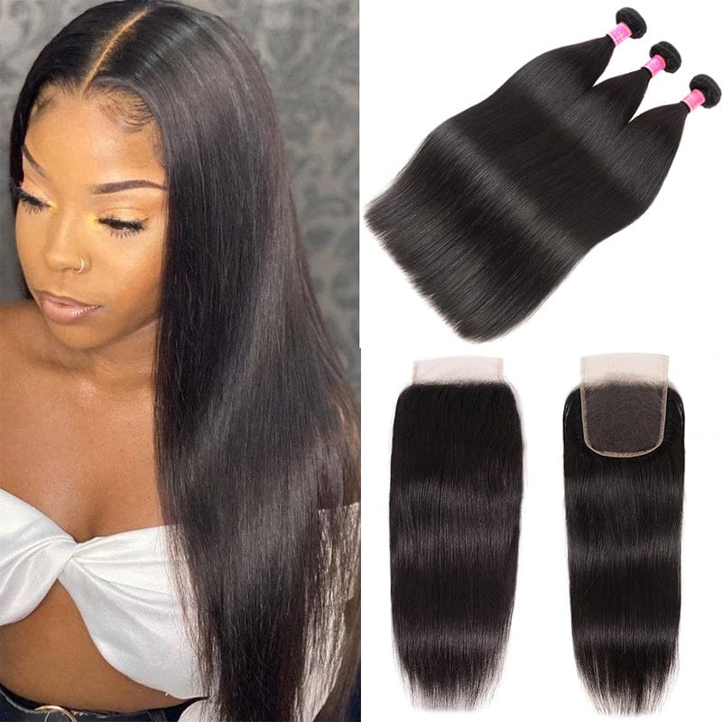 Klaiyi Bone Straight Virgin Hair 3 Bundles with 4x4 Transparent Lace Closure Pre Plucked
