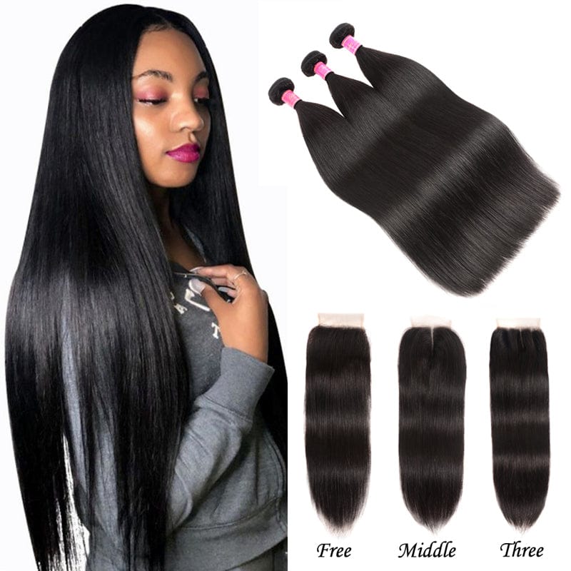 Klaiyi Bone Straight Virgin Hair 3 Bundles with 4x4 Transparent Lace Closure Pre Plucked
