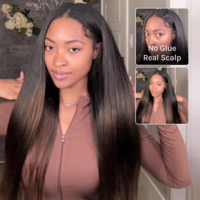 $100 OFF | Code:SAVE100 Klaiyi Ombre Chestnut Brown Color Yaki Straight EasiContour V Part Wigs Human Hair Clip in No Sew in No Glue Wig
