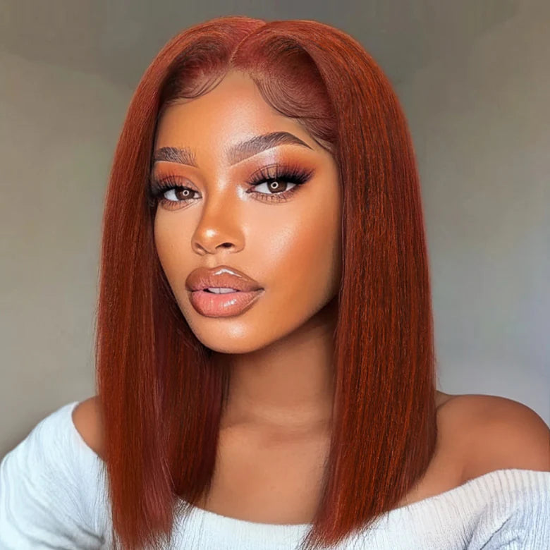 Klaiyi 7x5 Reddish Brown Yaki Straight Bob Wig Put On and Go Glueless Wig with Bleached Knots Flash Sale