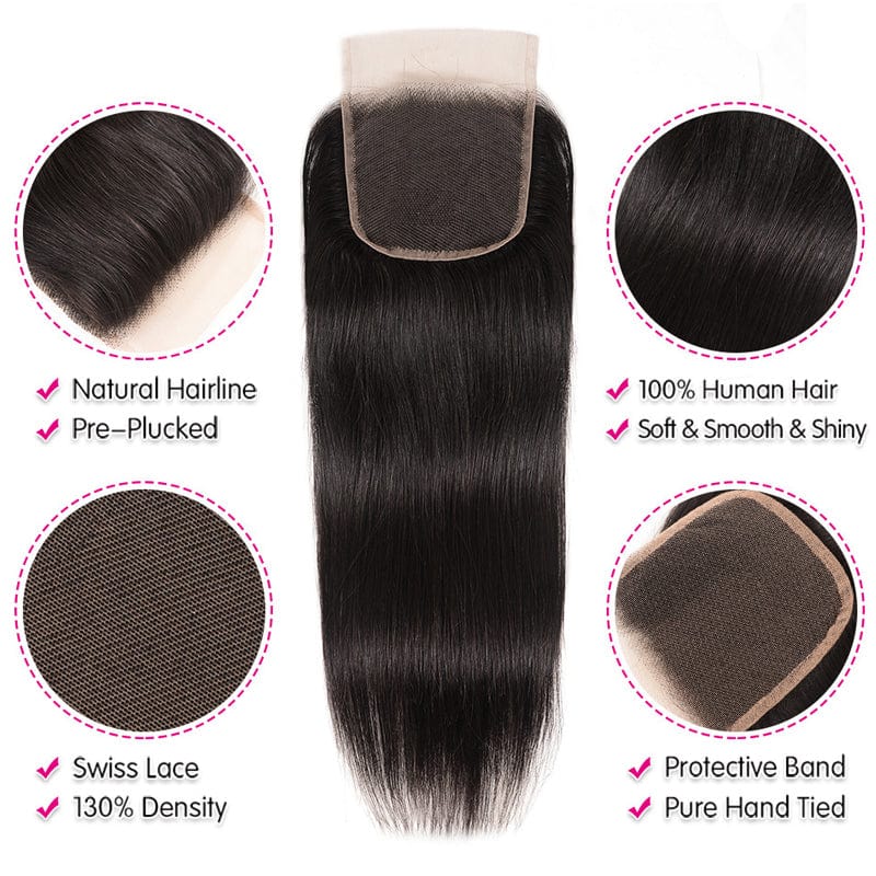 Klaiyi Bone Straight Virgin Hair 3 Bundles with 4x4 Transparent Lace Closure Pre Plucked