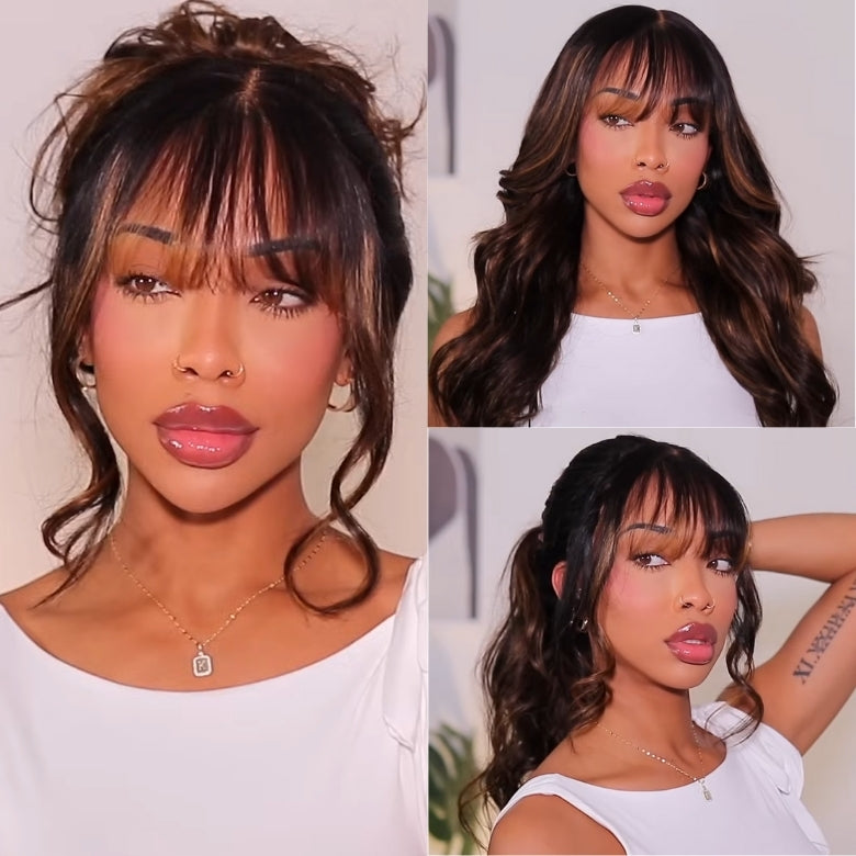 Klaiyi Hair 13x4 Balayage Highlight Wig with Bangs Pre-everything Body Wave Lace Front Human Hair Wigs with Invisi Drawstring Flash Sale