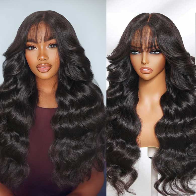 Klaiyi 13x4 /7x5 3D Fluffy Body Wave Lace Frontal Wig with Bangs & Layers Pre everything Wigs Human Hair Flash Sale