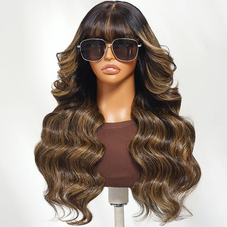 Klaiyi Hair 13x4 Balayage Highlight Wig with Bangs Pre-everything Body Wave Lace Front Human Hair Wigs with Invisi Drawstring Flash Sale
