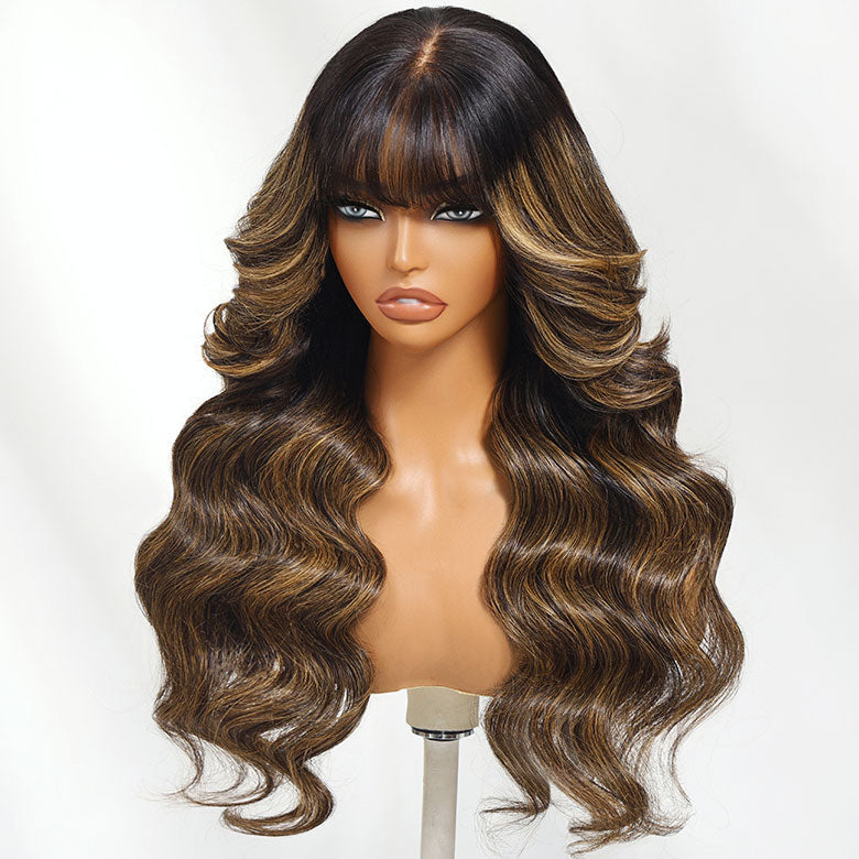 Klaiyi Hair 13x4 Balayage Highlight Wig with Bangs Pre-everything Body Wave Lace Front Human Hair Wigs with Invisi Drawstring Flash Sale