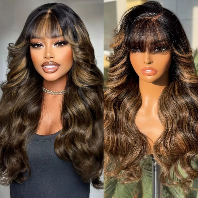 Klaiyi Hair 13x4 Balayage Highlight Wig with Bangs Pre-everything Body Wave Lace Front Human Hair Wigs with Invisi Drawstring Flash Sale