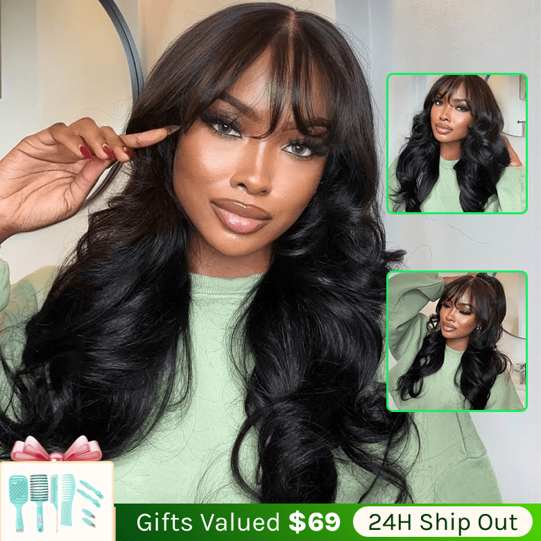 Klaiyi 13x4 /7x5 3D Fluffy Body Wave Lace Frontal Wig with Bangs & Layers Pre everything Wigs Human Hair Flash Sale