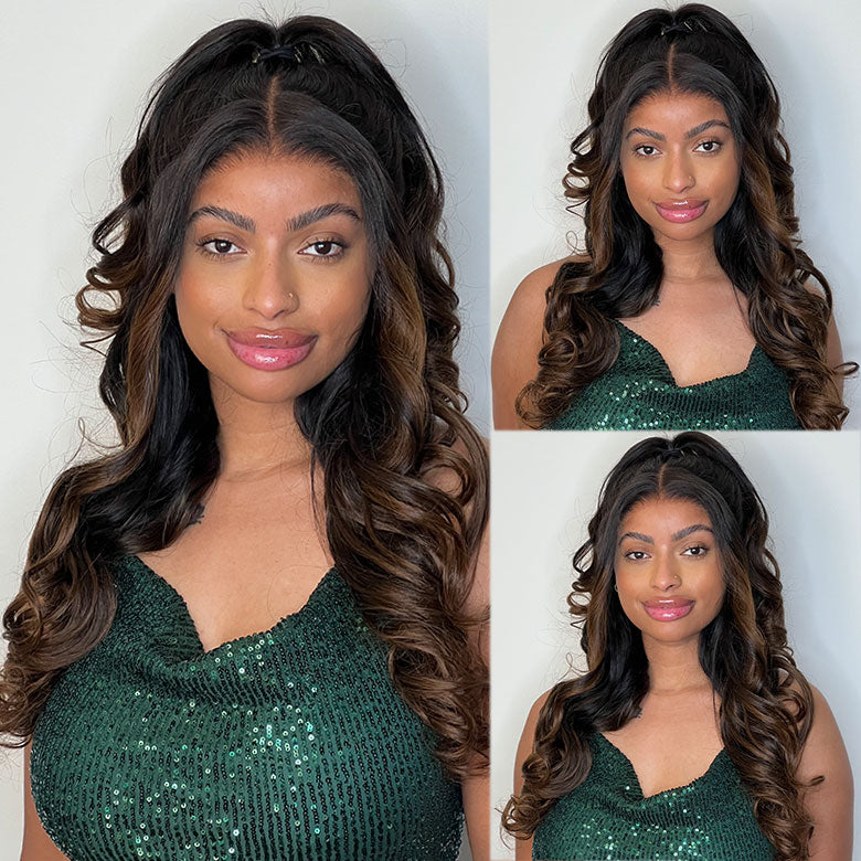 Klaiyi Bye Bye Knots Wig 7x5 Glueless Lace Black to Chestnut Brown Ombre Loose Wave Wig With Bleached Knots Flash Sale