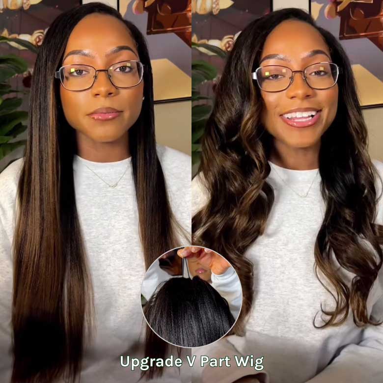 $100 OFF | Code:SAVE100 Klaiyi Ombre Chestnut Brown Color Yaki Straight EasiContour V Part Wigs Human Hair Clip in No Sew in No Glue Wig