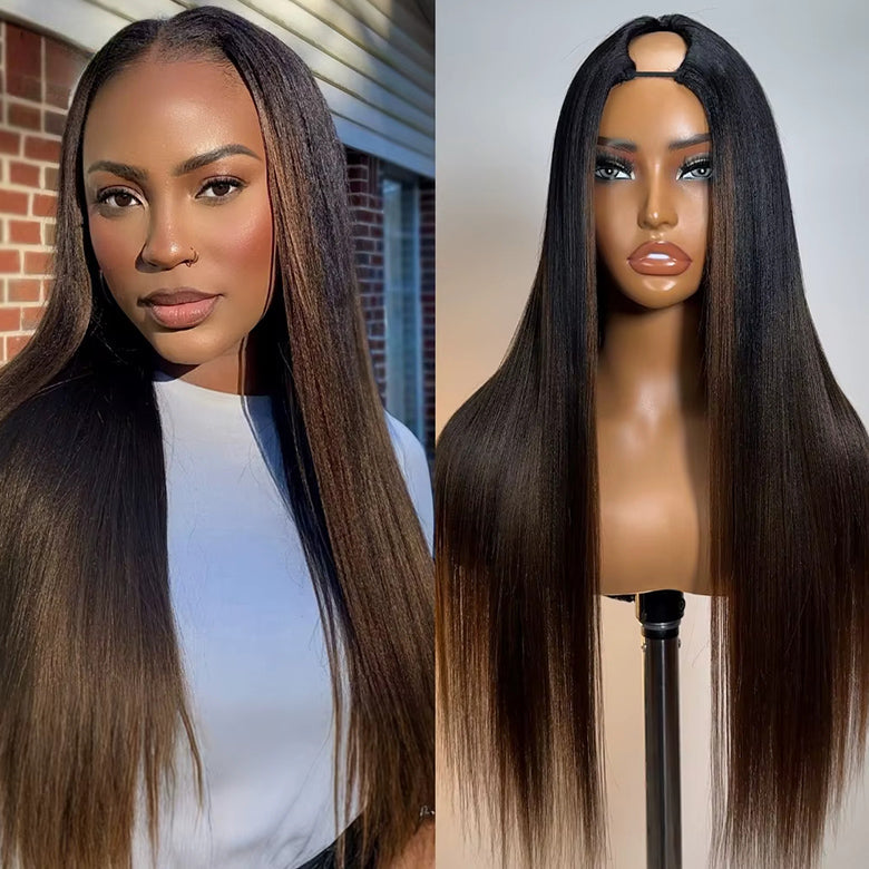 Klaiyi Yaki Straight EasiContour V Part Wigs Human Hair Ombre Chestnut Brown Color Clip in No Sew in No Glue Upgrade U Part Human Hair Wig