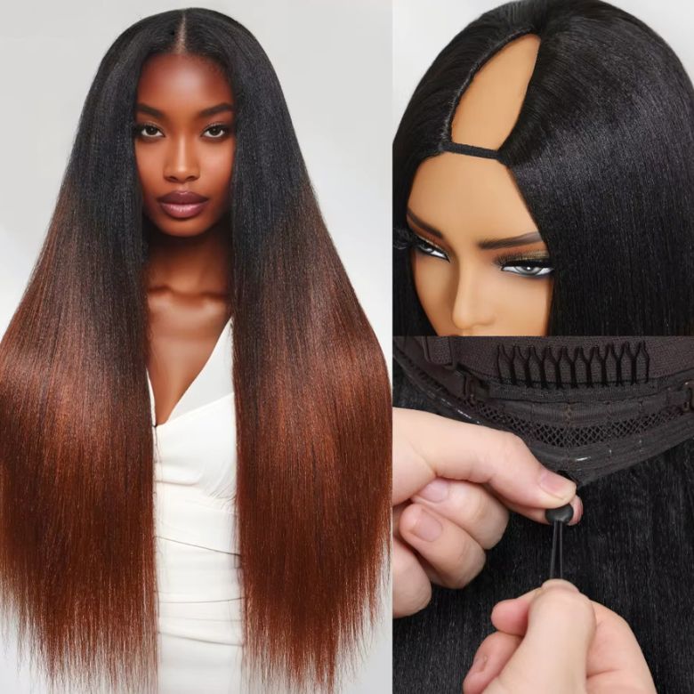 Klaiyi Yaki Straight V Part Wigs Ombre Reddish Brown with Dark Roots Upgrade Invisi Drawstring