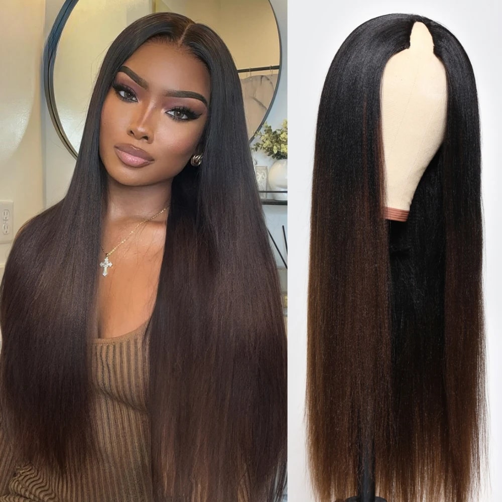 $100 OFF | Code:SAVE100 Klaiyi Ombre Chestnut Brown Color Yaki Straight EasiContour V Part Wigs Human Hair Clip in No Sew in No Glue Wig