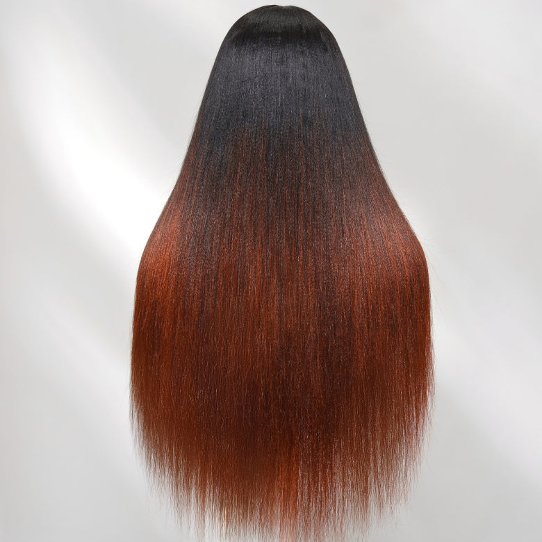 Klaiyi Yaki Straight V Part Wigs Ombre Reddish Brown with Dark Roots Upgrade Invisi Drawstring