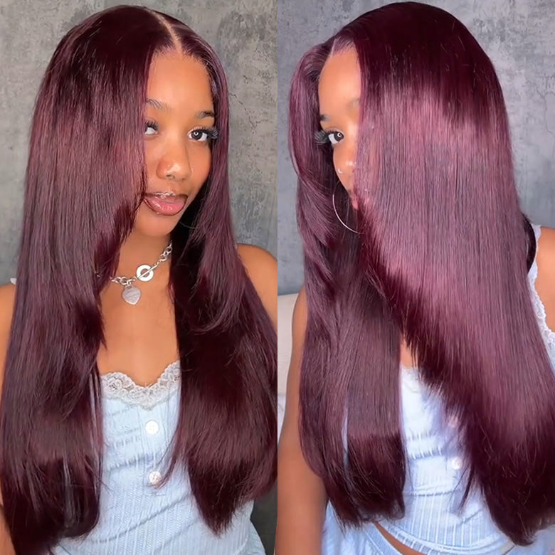 Klaiyi 7x5 and 13x4 Pre-Everything Lace Frontal Black Cherry Color Layered Cut Straight and Loose Wave Glueless Wig Flash Sale