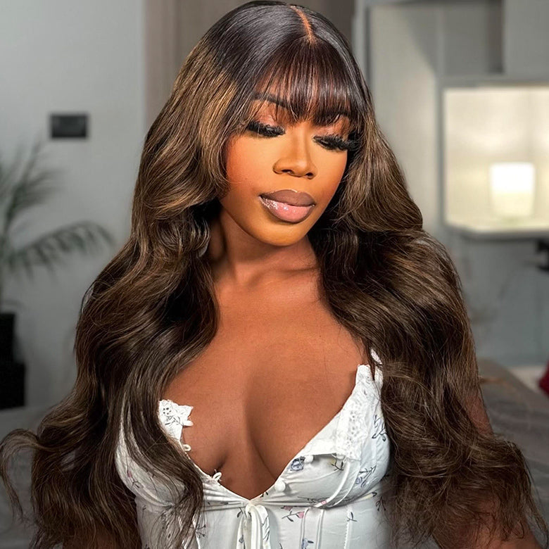 Klaiyi Hair 13x4 Balayage Highlight Wig with Bangs Pre-everything Body Wave Lace Front Human Hair Wigs with Invisi Drawstring Flash Sale