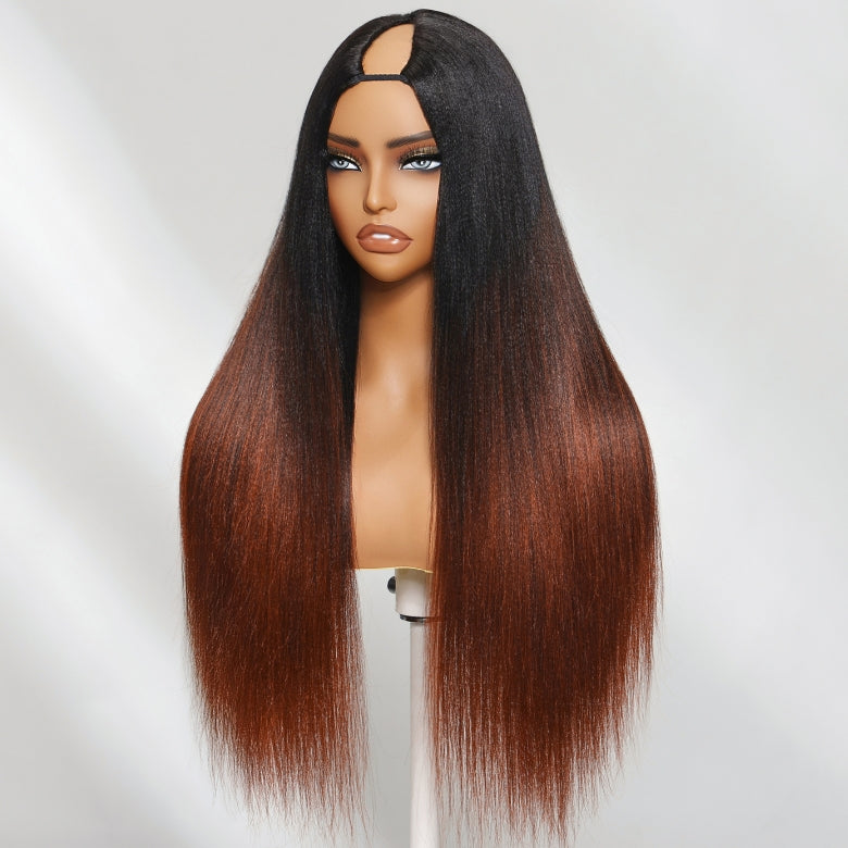 Klaiyi Yaki Straight V Part Wigs Ombre Reddish Brown with Dark Roots Upgrade Invisi Drawstring
