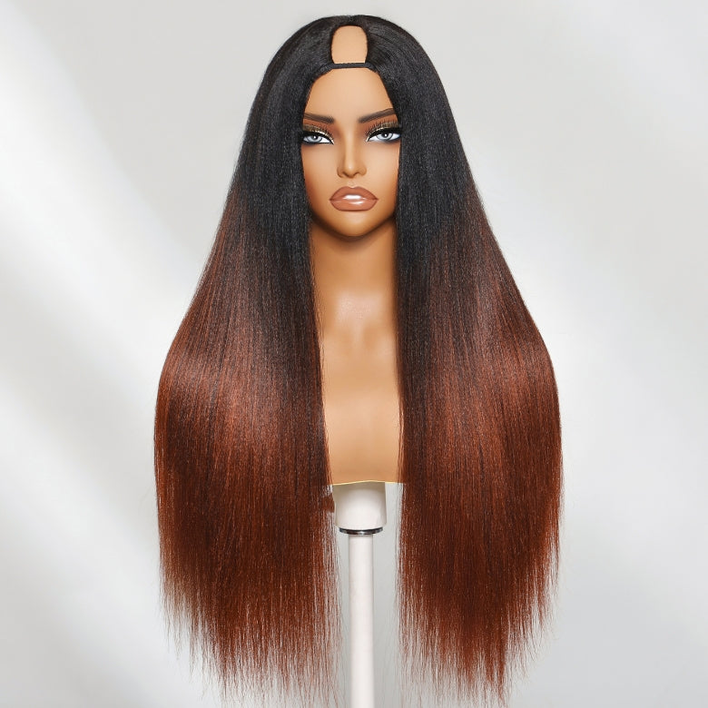 Klaiyi Yaki Straight V Part Wigs Ombre Reddish Brown with Dark Roots Upgrade Invisi Drawstring