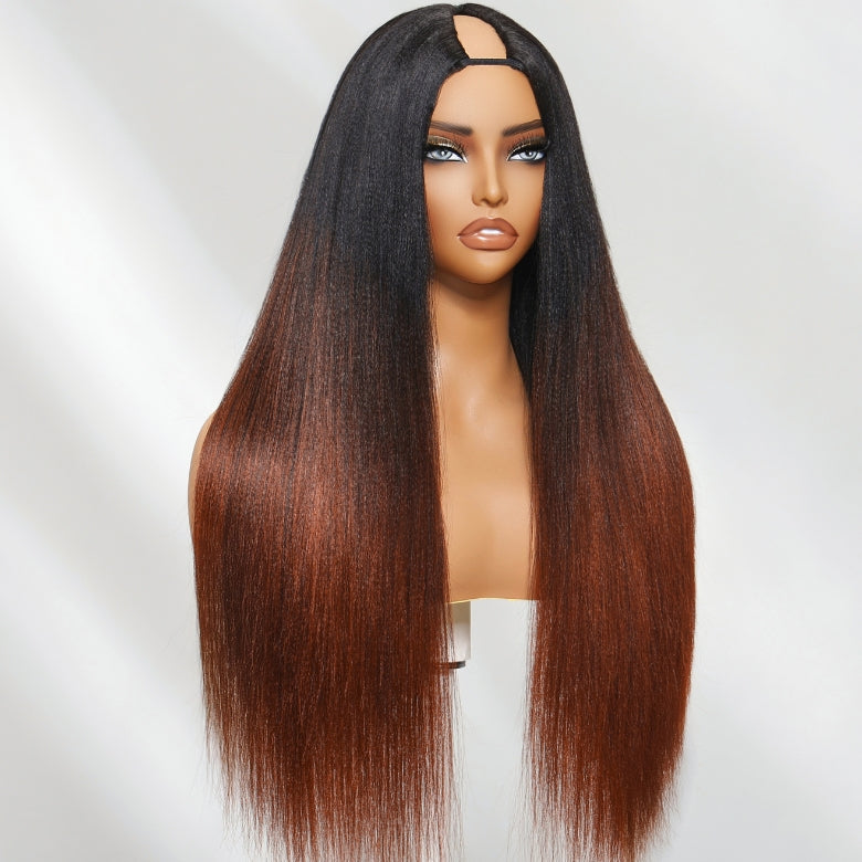 Klaiyi Yaki Straight V Part Wigs Ombre Reddish Brown with Dark Roots Upgrade Invisi Drawstring