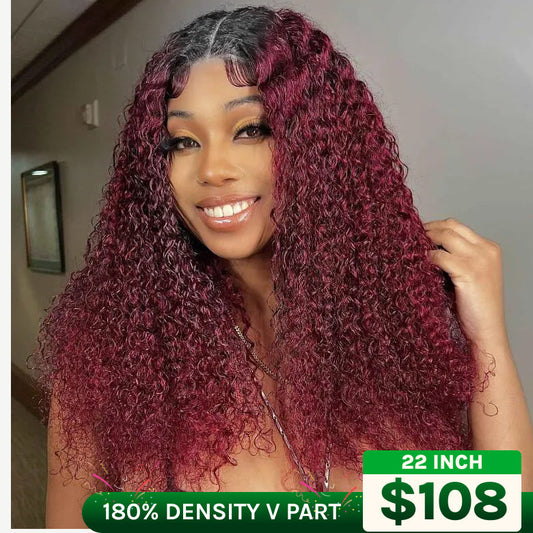 Buy 1 Get 1 Free,Code:BOGO | 180% Jerry Curly V Part Wig Human Hair 99J Color with Dark Roots No Leave Out Glueless Wigs