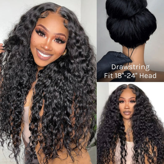 Klaiyi 7x5 and 13x4 Water Wave Drawstring™ Wig Put On and Go Glueless Human Hair Wigs Natural Black Color