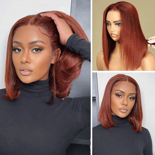 Klaiyi 7x5 Reddish Brown Yaki Straight Bob Wig Put On and Go Glueless Wig with Bleached Knots Flash Sale