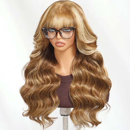 Klaiyi Hair 7x5 Chocolate Brown Highlight Body Wave Glueless Lace Wig with Face Framing Curtain Bangs