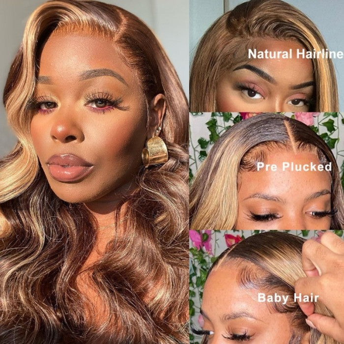 Klaiyi Pre-Cut Glueless Wig Put On and Go Highlight Blonde Body Wave Wig Human Hair