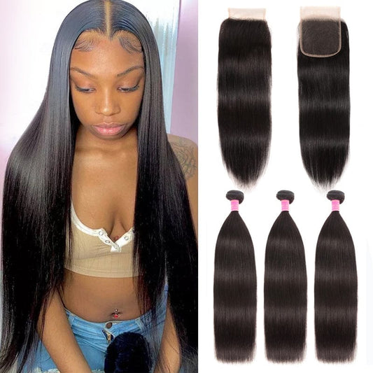 Klaiyi Bone Straight Virgin Hair 3 Bundles with 4x4 Transparent Lace Closure Pre Plucked