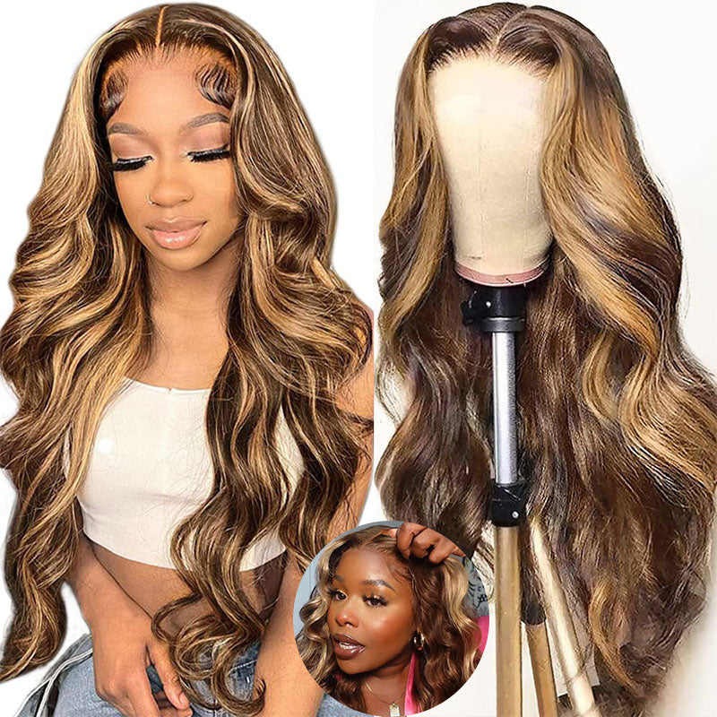 Klaiyi Pre-Cut Glueless Wig Put On and Go Highlight Blonde Body Wave Wig Human Hair