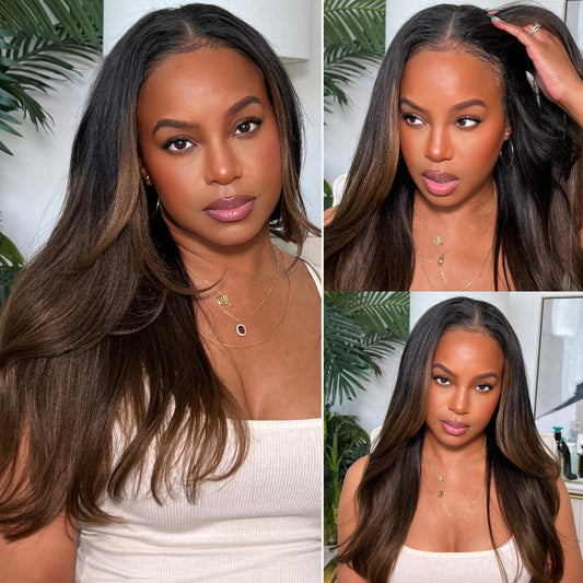 Klaiyi Yaki Straight EasiContour V Part Wigs Human Hair Ombre Chestnut Brown Color Clip in No Sew in No Glue Upgrade U Part Human Hair Wig