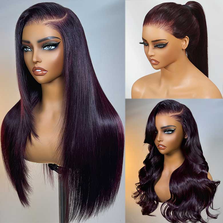 Klaiyi 7x5 and 13x4 Pre-Everything Lace Frontal Black Cherry Color Layered Cut Straight and Loose Wave Glueless Wig Flash Sale