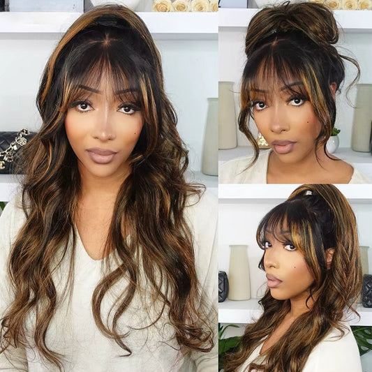 Klaiyi Hair 13x4 Balayage Highlight Wig with Bangs Pre-everything Body Wave Lace Front Human Hair Wigs with Invisi Drawstring Flash Sale