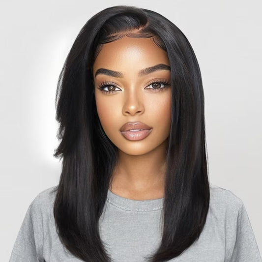 Klaiyi Yaki Straight Silk Press Bob Wig With Side Bangs 7x5 Pre-Bleached Natural Looking Glueless Wig Human Hair Flash Sale