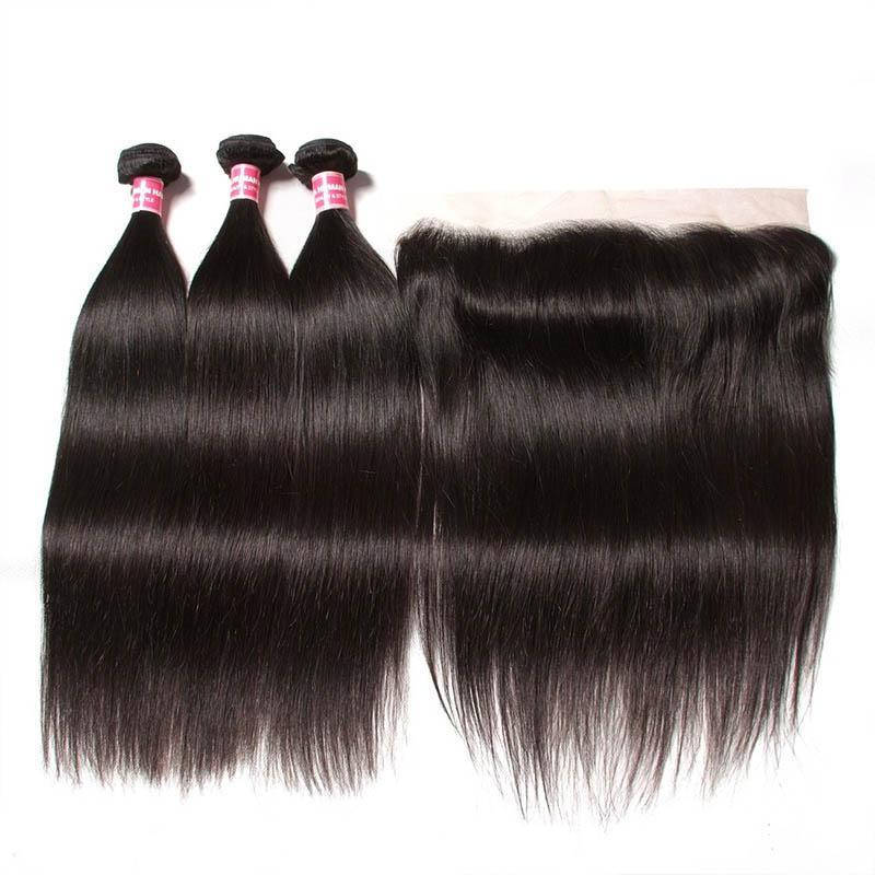 Klaiyi 3 Bundles Brazilian Straight Hair with 13*4 Ear to Ear Lace Frontal Closure