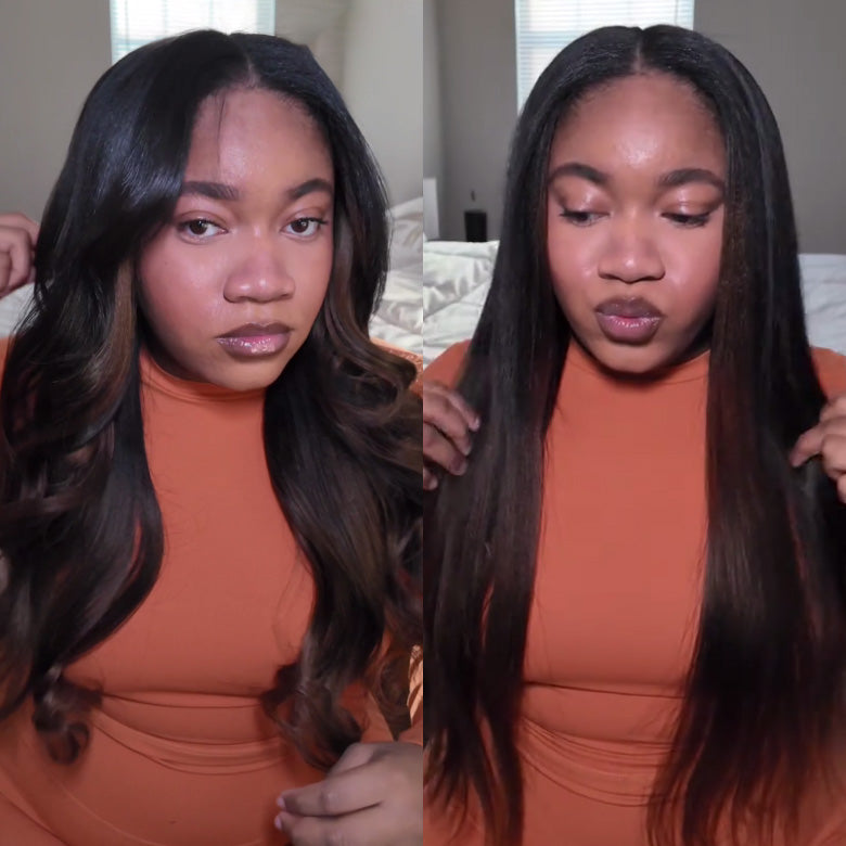 $100 OFF | Code:SAVE100 Klaiyi Ombre Chestnut Brown Color Yaki Straight EasiContour V Part Wigs Human Hair Clip in No Sew in No Glue Wig