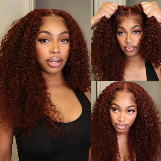 Klaiyi Reddish Brown Jerry Curly 7x5 Bye Bye Knots Human Hair Wig Put On and Go Glueless Lace Wig