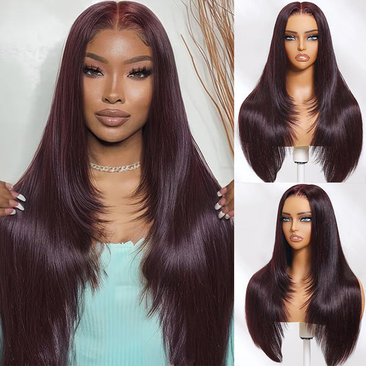 Klaiyi 7x5 and 13x4 Pre-Everything Lace Frontal Black Cherry Color Layered Cut Straight and Loose Wave Glueless Wig Flash Sale