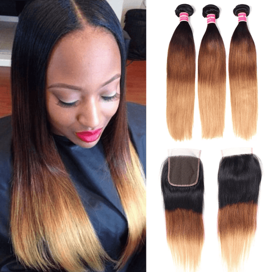 Klaiyi Ombre Hair T1b/4/27 Straight Human Hair 3 Bundles with Lace Closure