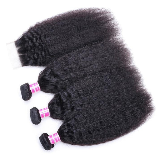 Klaiyi Hair Virgin Human Hair Peruvian Kinky Straight Hair 3 Bundles with 4*4 Lace Closure