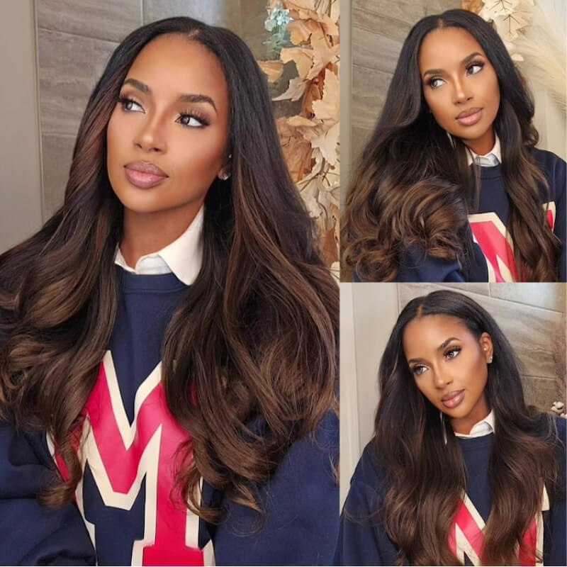 Klaiyi Yaki Straight EasiContour V Part Wigs Human Hair Ombre Chestnut Brown Color Clip in No Sew in No Glue Upgrade U Part Human Hair Wig