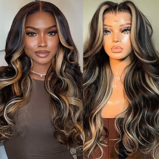 Klaiyi Honey Caramel Highlights Body Wave 7x5 Bye Bye Knots Put on and go Glueless Wigs 100% Human Hair