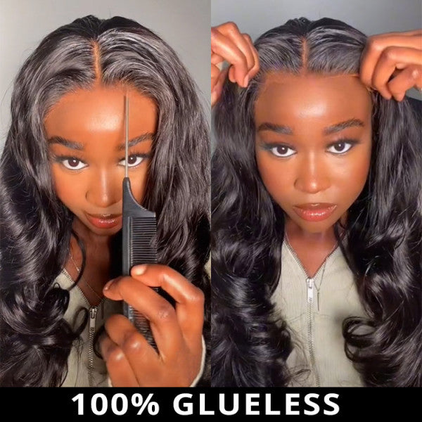 Buy 1 Get 1 Free,Code:BOGO | 7x5 Bye Bye Knots Wig Put On and Go Quick & Easy install Body Wave Wig Natural Black Color